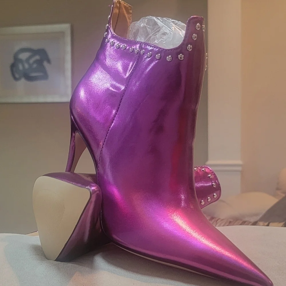 FSJ Classic Pointed Toe Stiletto High Heel Studded Ankle Boots Glossy Pull-On